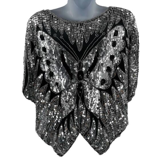 Vintage Black Silk Butterfly Top Hand Embellished with Silver Sequins and Black - Picture 2 of 4